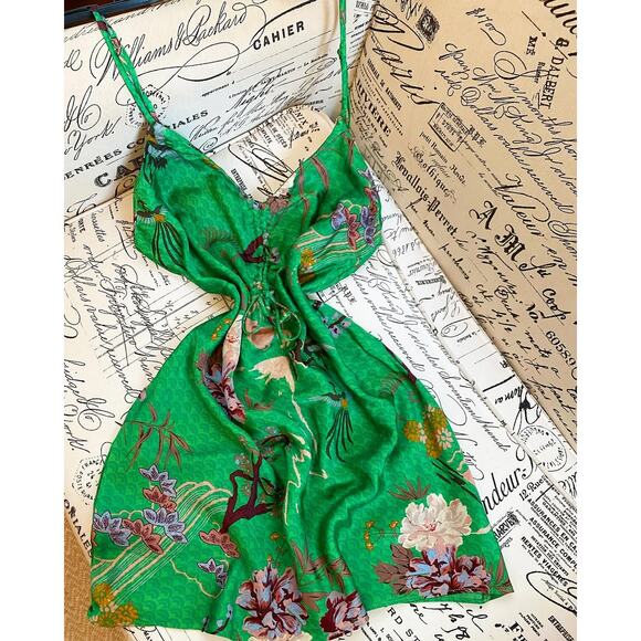 ZARA Green Floral Slip Mini Dress NWT – V-Neck Ruched Tie Spaghetti Strap, SZ M - Picture 15 of 16